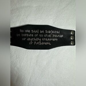 Black Leather Cuff Bracelet – Human Rights Quote (Article 5) – Unisex